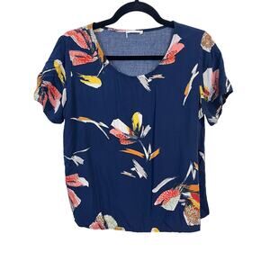 Bohme Blue Abstract Floral Scoop Neck Short Sleeve Loose Blouse Est M/L